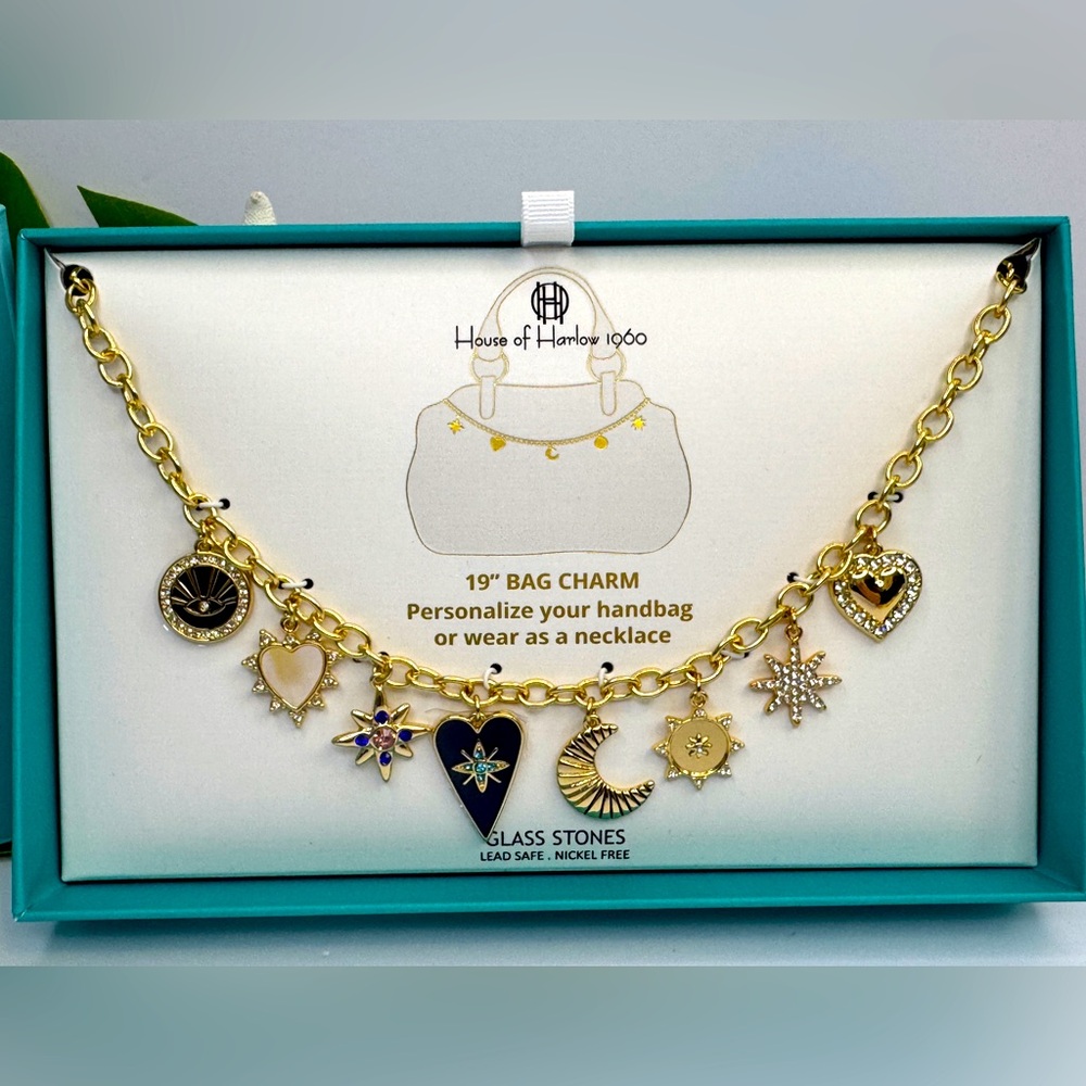 House of Harlow 1960 Gold Charm Necklace with Navy and Cream Accents